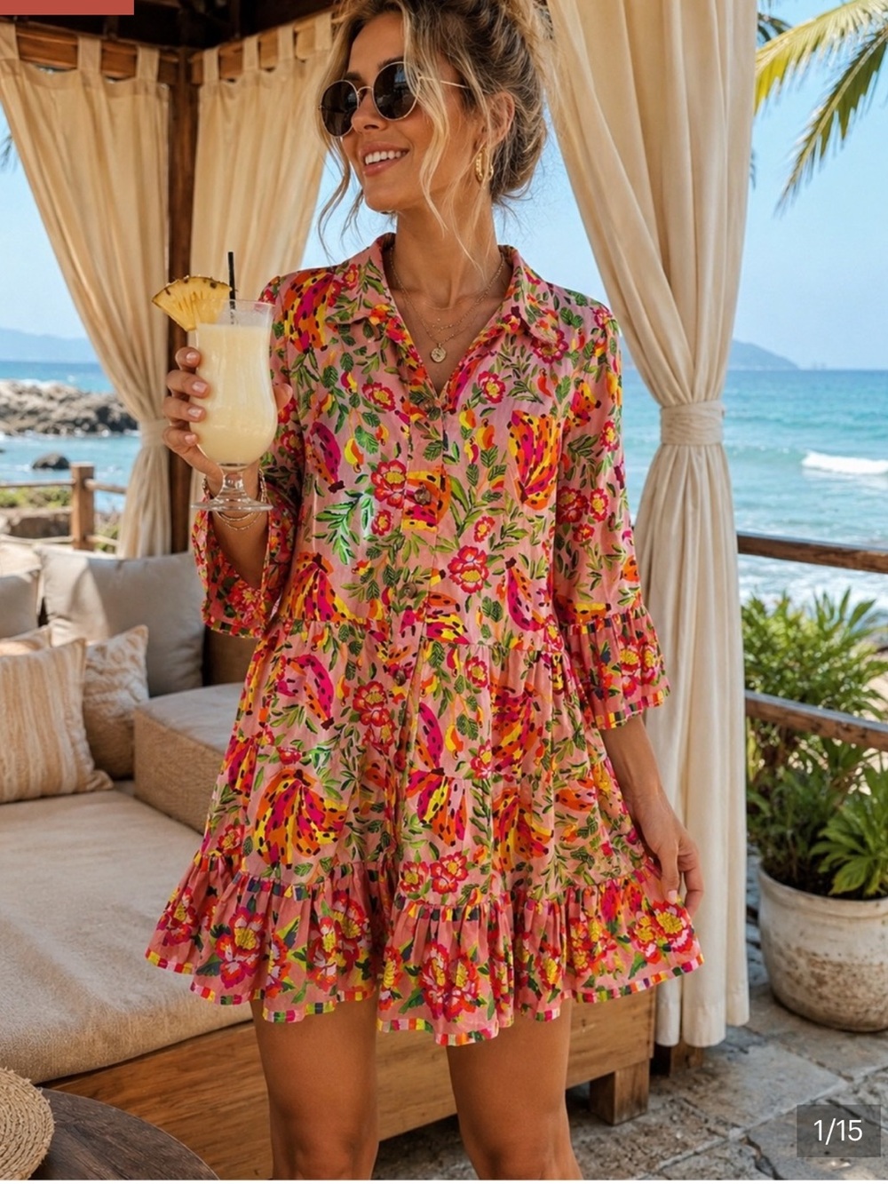 FARM RIO Painted Bananas Organic Cotton Ruffle Belted Mini Dress - Size XS - Picture 7 of 13